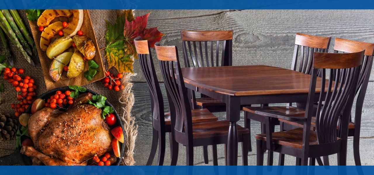 Thanksgiving feast with a wooden table and chairs.