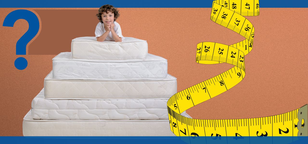 Child sitting on stacked mattresses with a measuring tape.