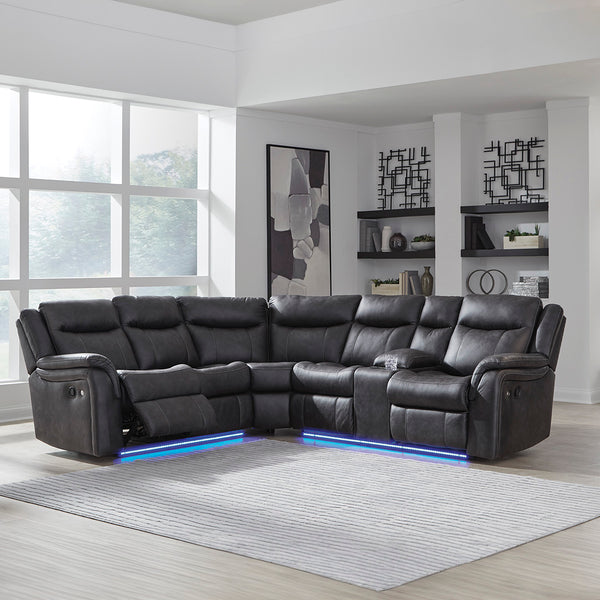 Black leather sectional sofa with LED lighting in a modern living room.