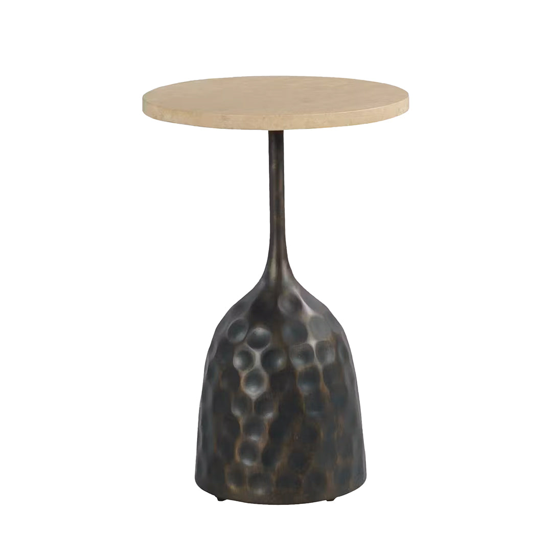 Joybird small round table with a wooden top and textured metal base
