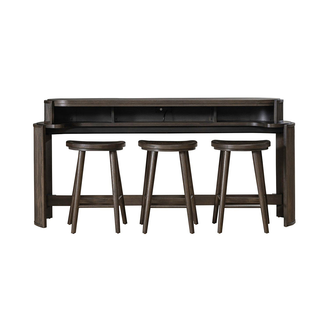 Mesa consola con vista a la ciudad y taburetes