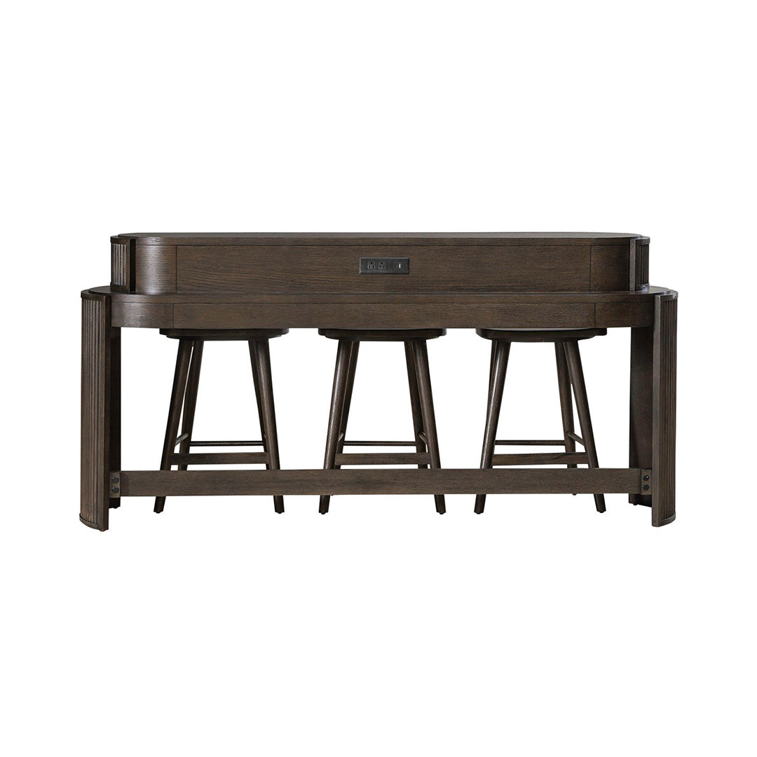 Mesa consola con vista a la ciudad y taburetes