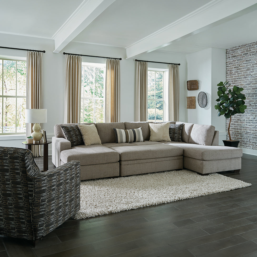 Bri sectional with storage ottoman by Washington Furniture, made in USA, styled in a living room