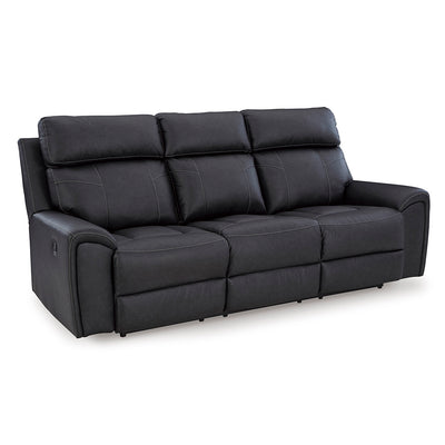 Montacute reclining sofa in gray faux leather, angled view with recliners closed, from Signature Design by Ashley