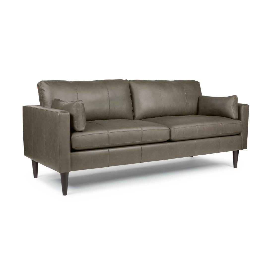 Trafton Gray leather sofa on a white background - Made in USA