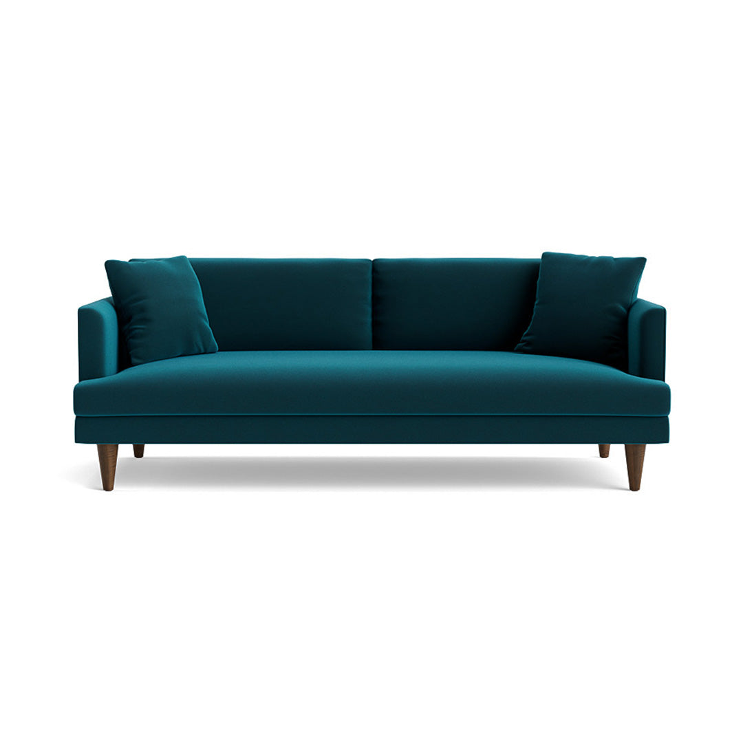 Joybird teal sofa with wooden legs