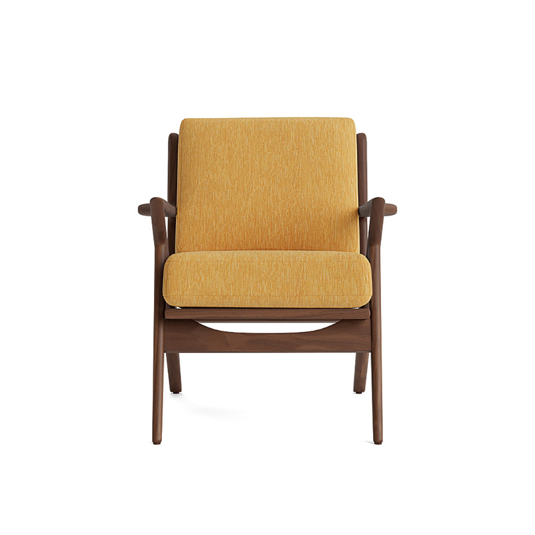 Joybird modern armchair with yellow cushion and wooden frame