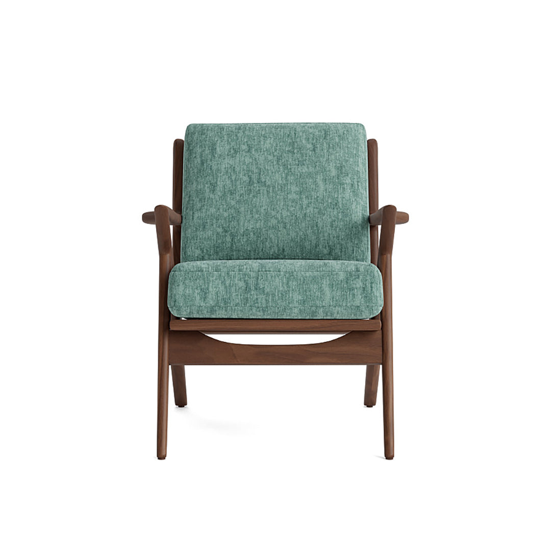 Joybird modern armchair with teal cushion and wooden frame
