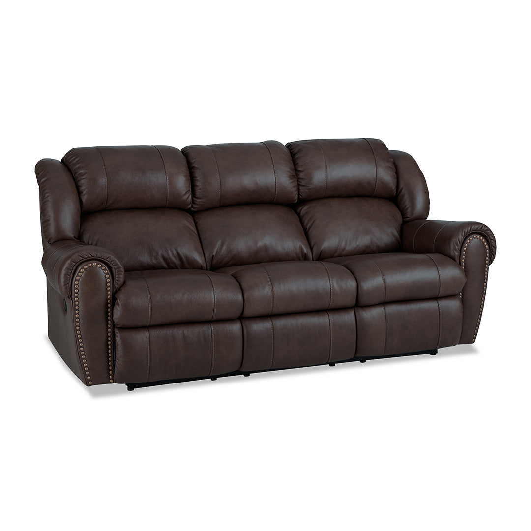 Brown leather reclining sofa on a white background