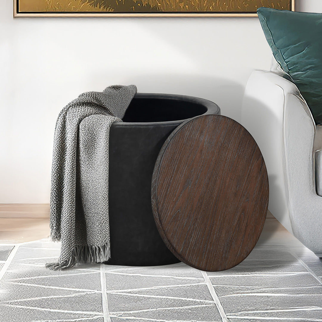 Malibu Round Storage Ottoman from Sunny Designs, Inc. in Brown Veneer - Alternate angle