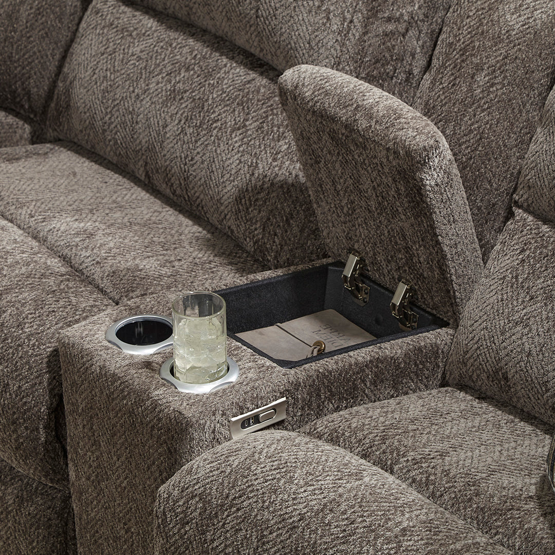 Autumn Power Reclining Sectional with Right Console (3-Piece) from Home Stretch in Brown Polyester, Made in USA - Open position