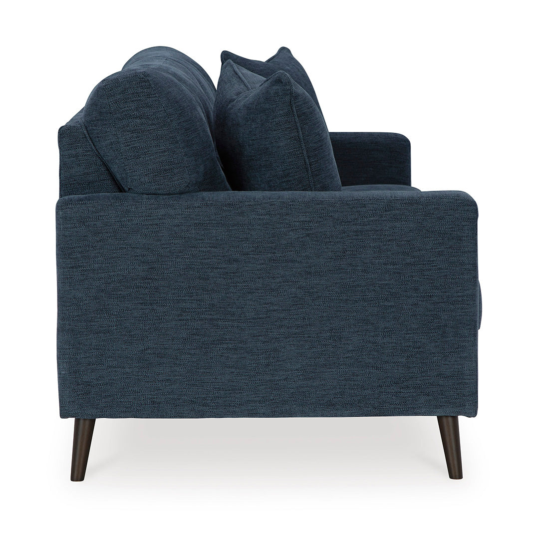 Side view of the Bixler sofa by Ashley Furniture in blue upholstery