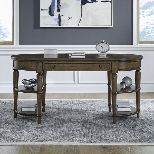 Harrison Heights writing desk in brown, three-quarter front view, from Liberty Furniture