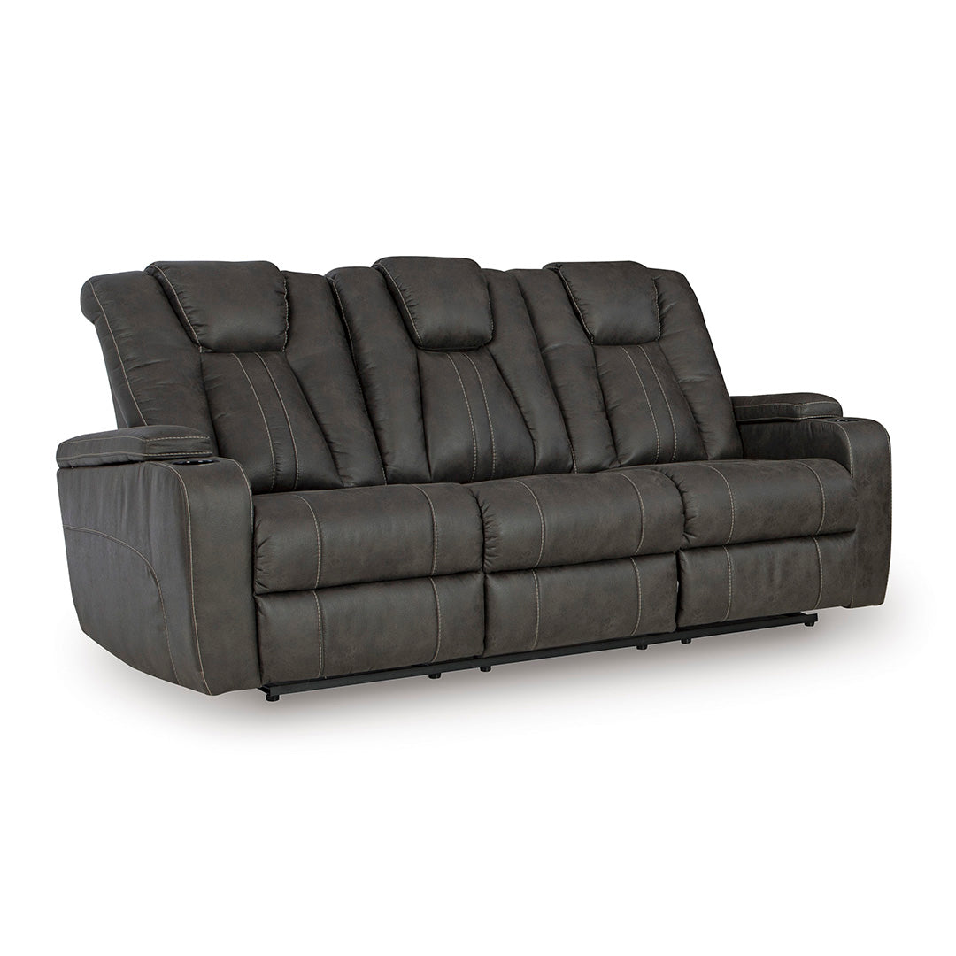 Batavia Pier reclining sofa by Ashley Furniture in gray upholstery with dual recliners