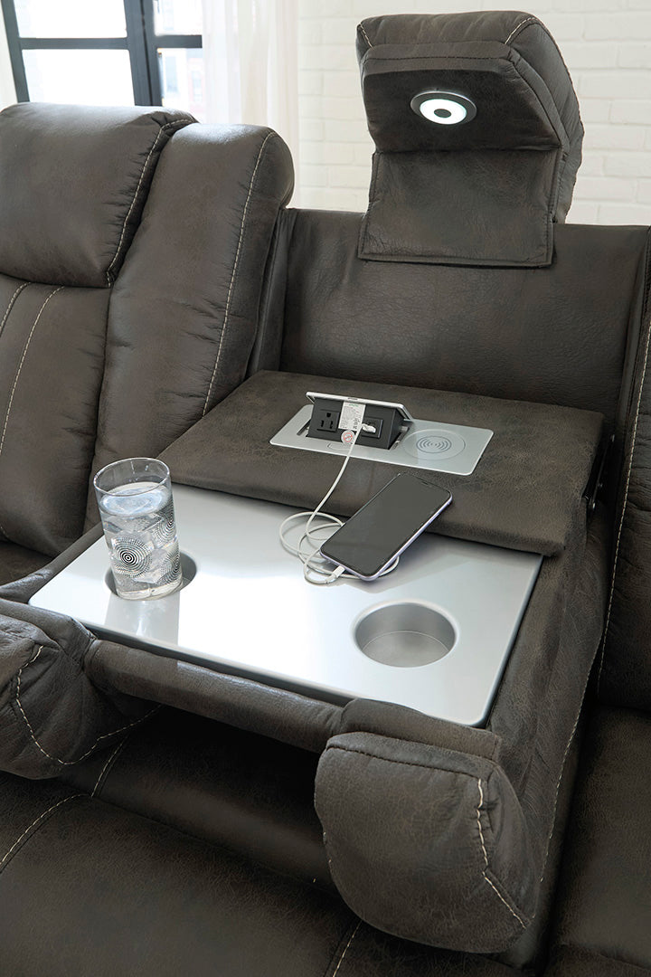 Batavia Pier reclining sofa by Ashley Furniture with drop-down table, charging ports, and cup holders