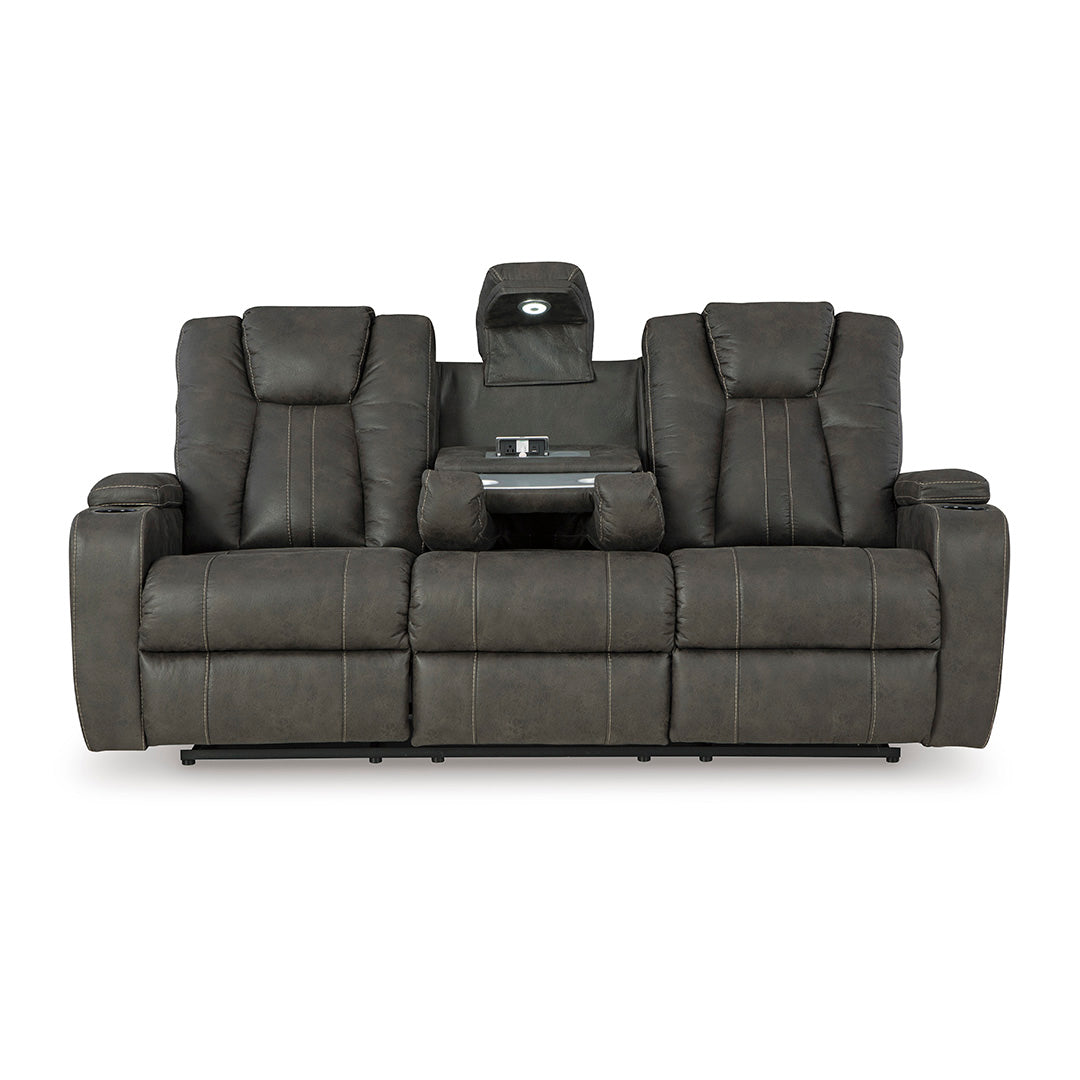 Front view of Batavia Pier reclining sofa showcasing drop down table and reading lights