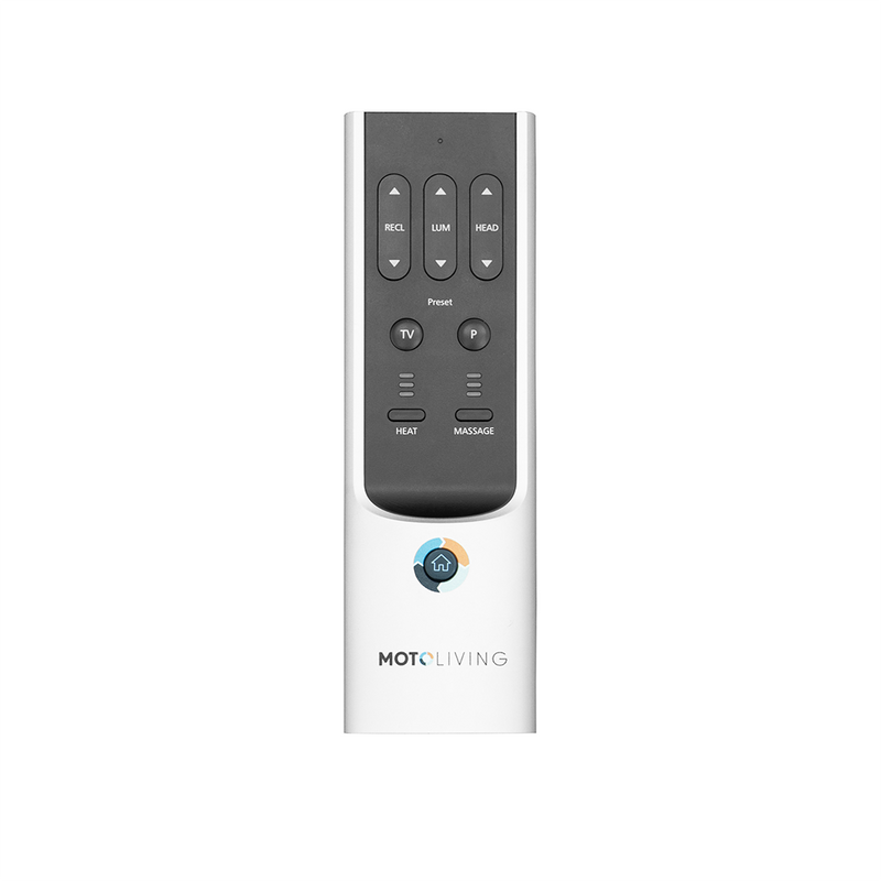 Multi-function power recliner remote control showing independent recline, power lumbar, headrest, heat, and massage buttons