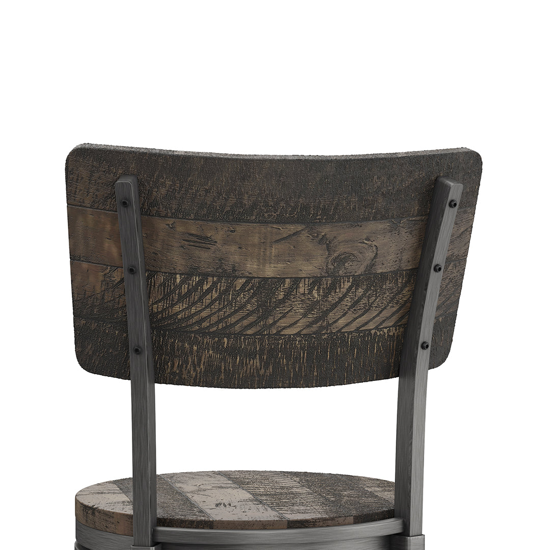 Wooden chair back with metal frame on a white background