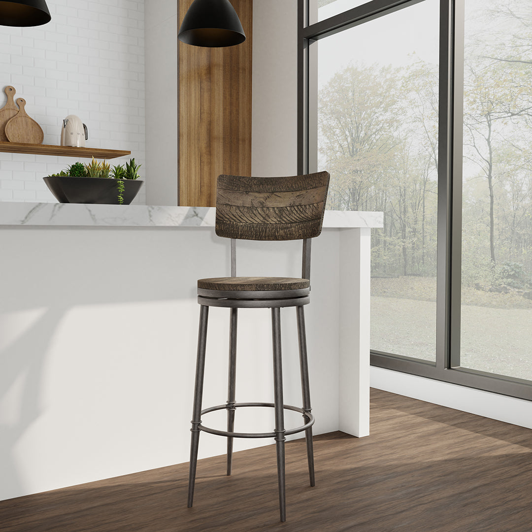 Wooden bar stool in a modern kitchen setting with a window view.