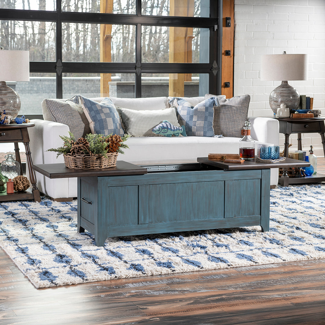 Lake House Sliding Top Cocktail Table from Legacy Classic Furniture in Blue Veneer - Open position