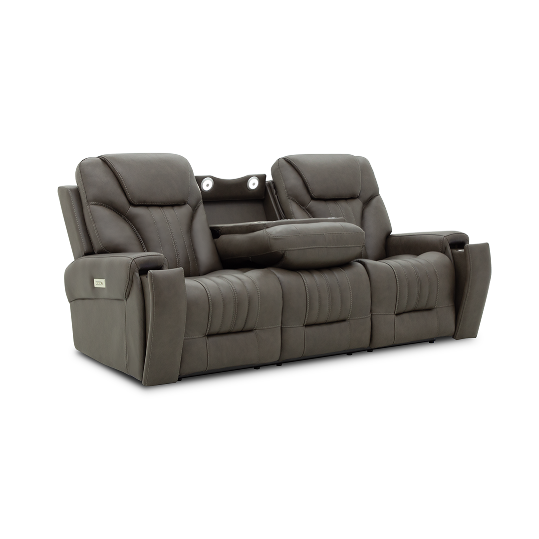 Clark Zero-G Home Theatre Leather Sofa with a drop down table, lights, and other hidden compartments