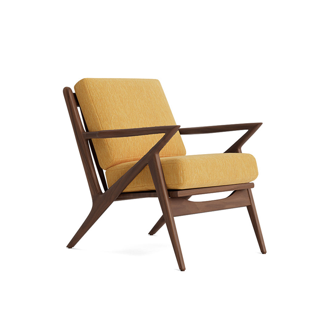 Joybird modern armchair with yellow cushion and wooden frame