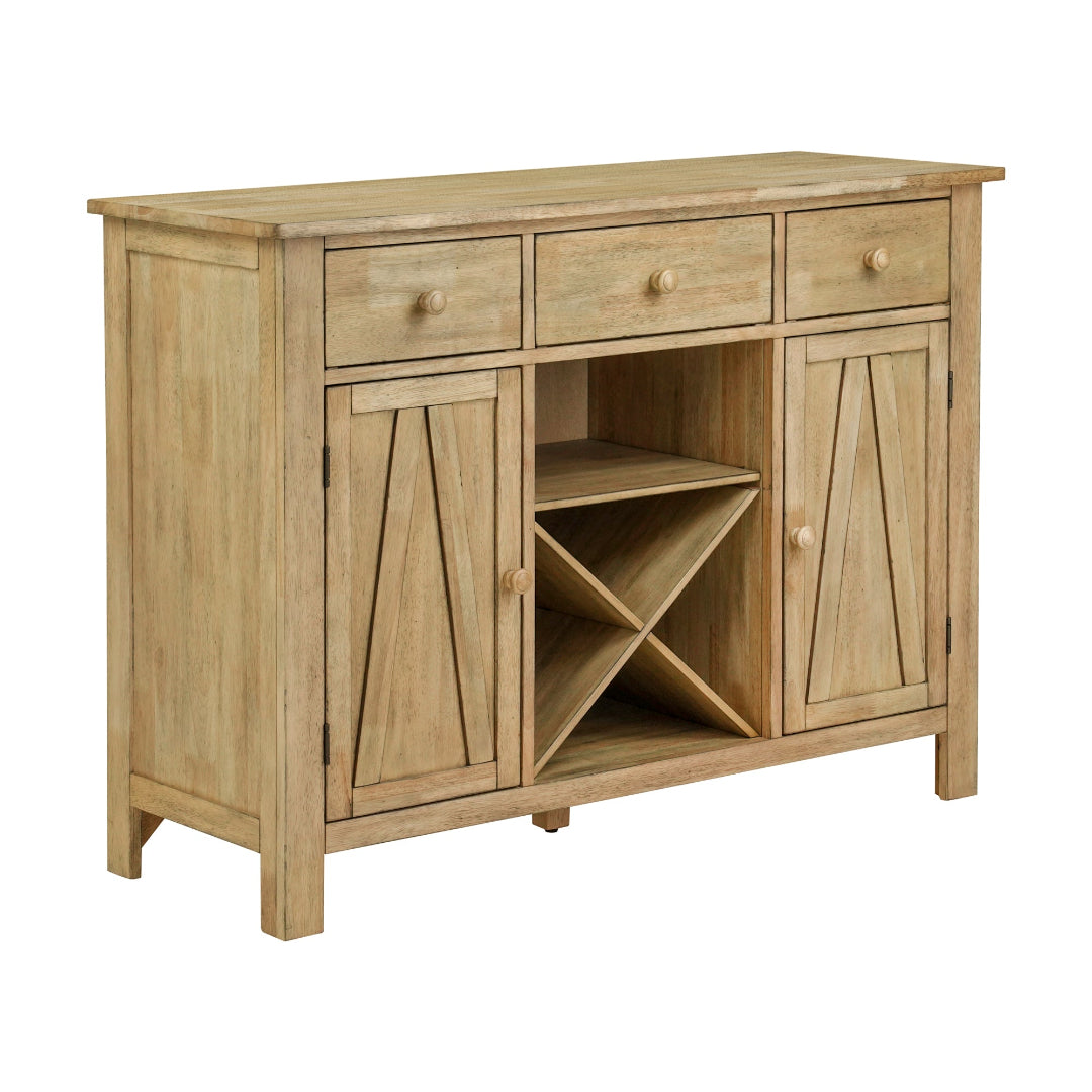 A rustic light oak wood sideboard cabinet with three drawers on top, two barn-style doors, an open center shelf, and a diagonal wine bottle rack in the middle, shown on a white background.