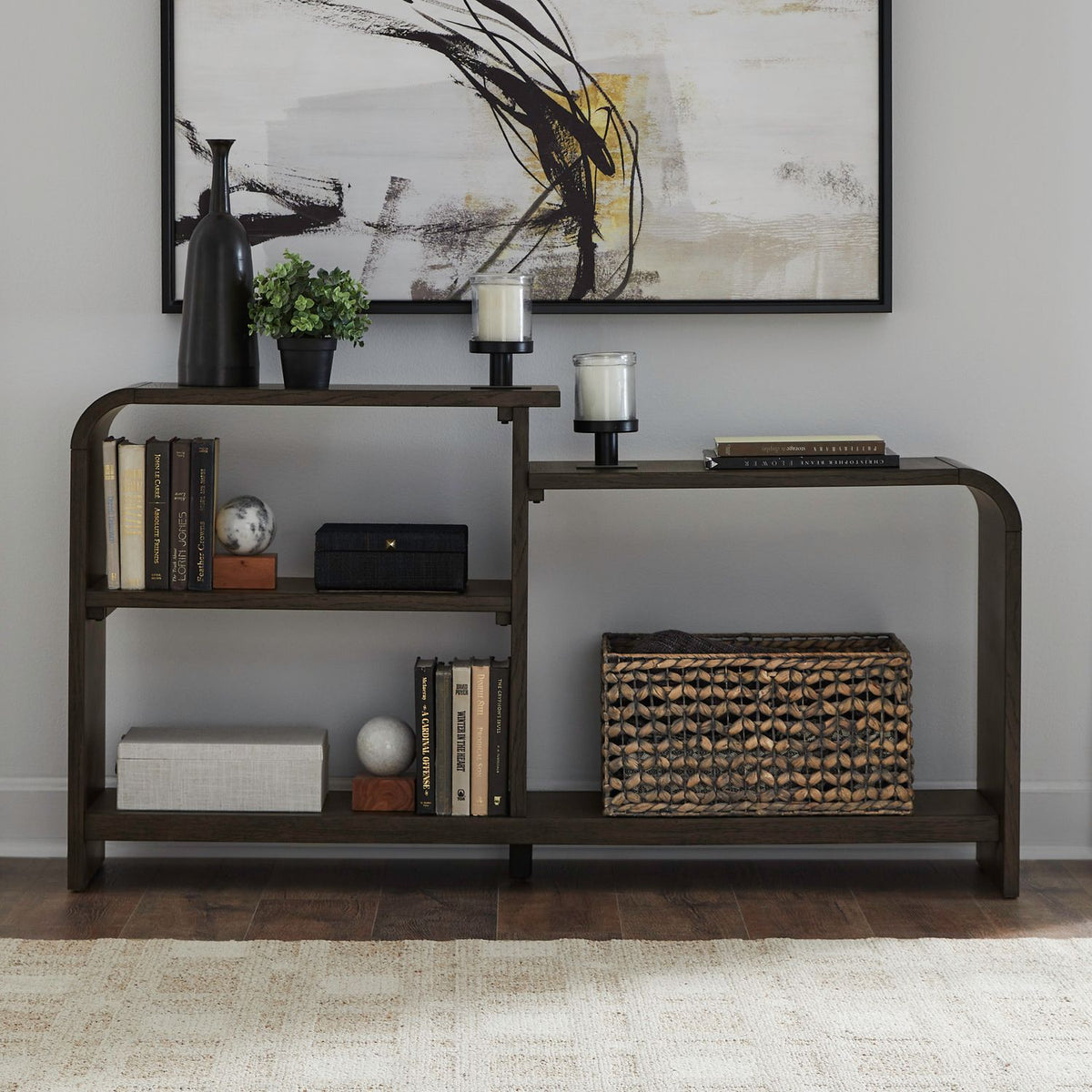 Perspectives sofa table in brown, angled view