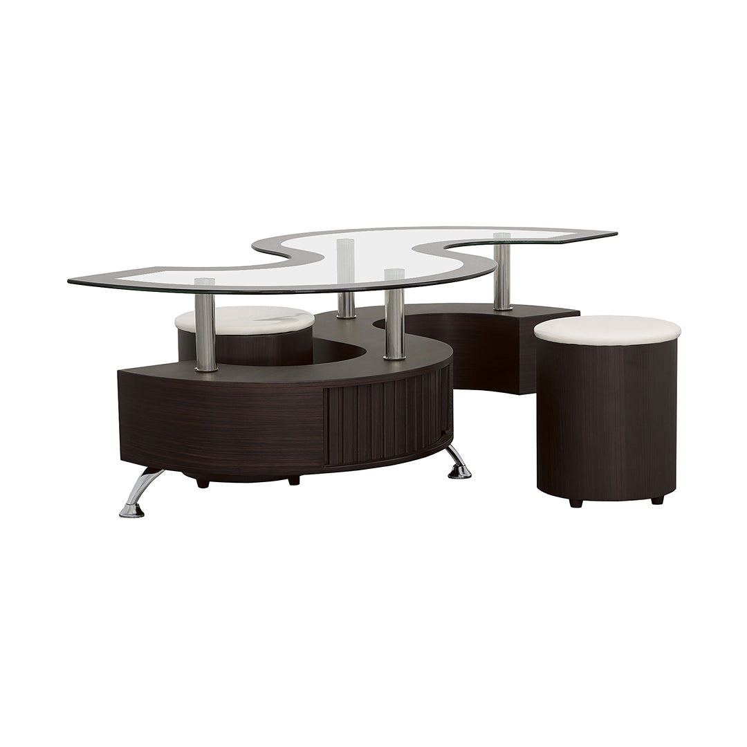 Modern living room set with a glass coffee table and cylindrical ottomans on a white background