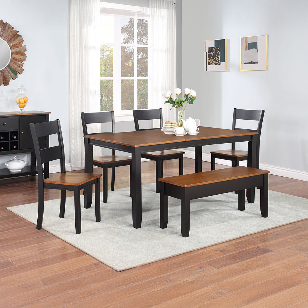 Drake dining set with two-tone table, ladder-back chairs, and bench styled in a dining room