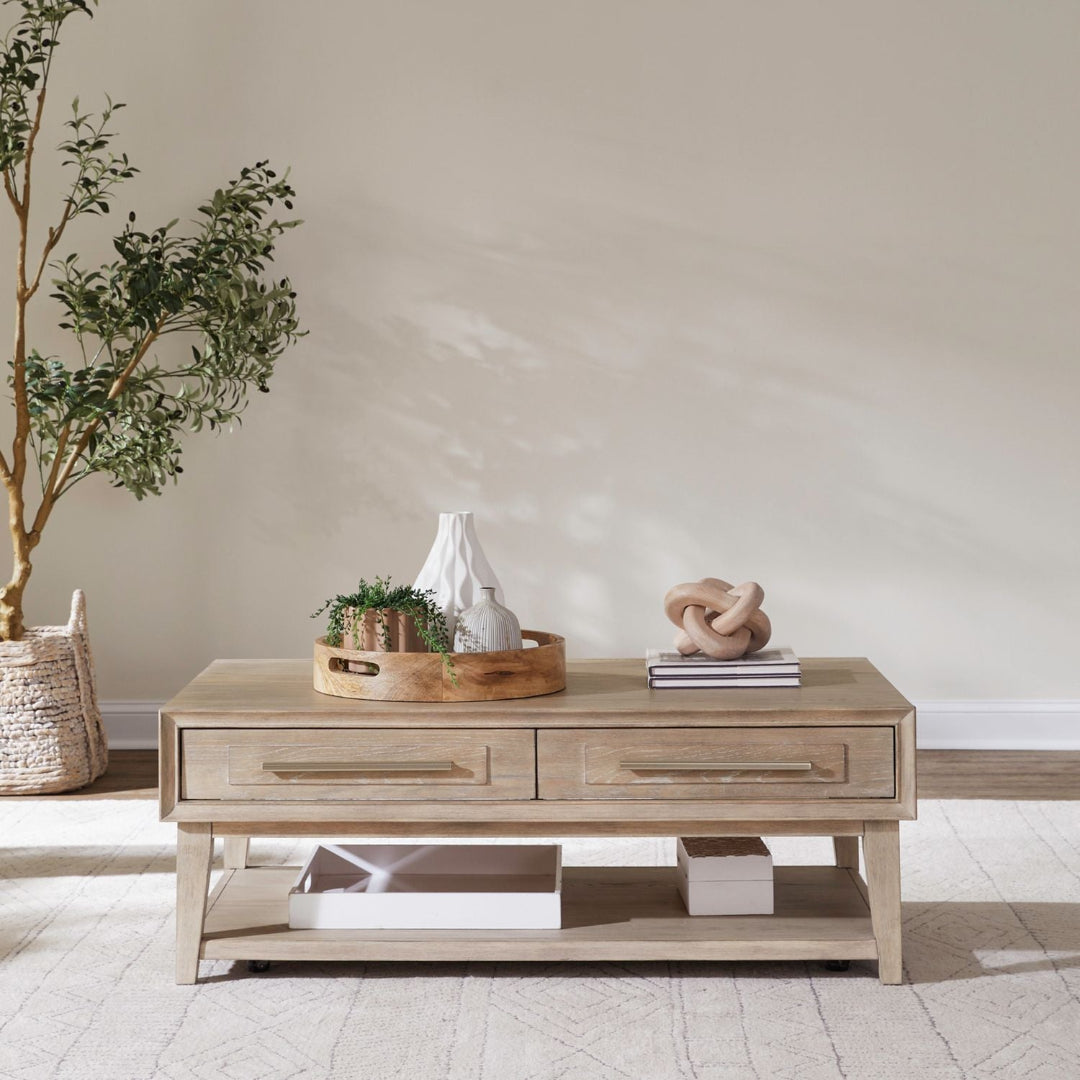 Brentwood cocktail table in sandstone finish, front view