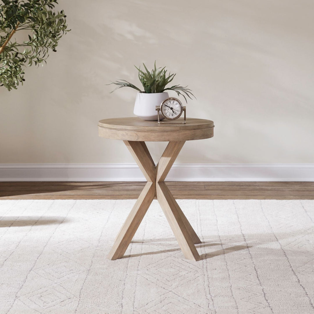 Brentwood round end table in sandstone finish, front view