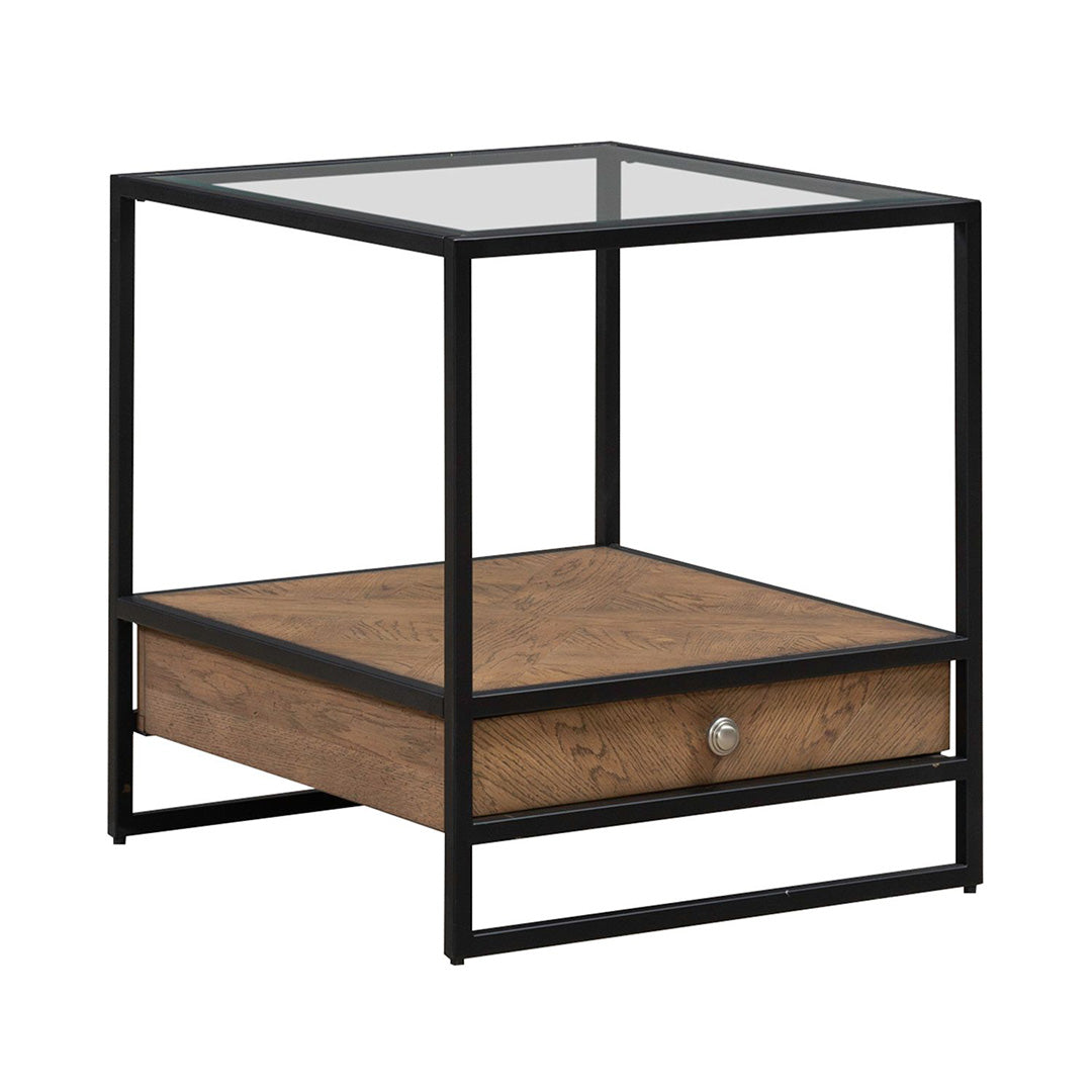Bedford end table in black with glass top, front view, from Liberty Furniture