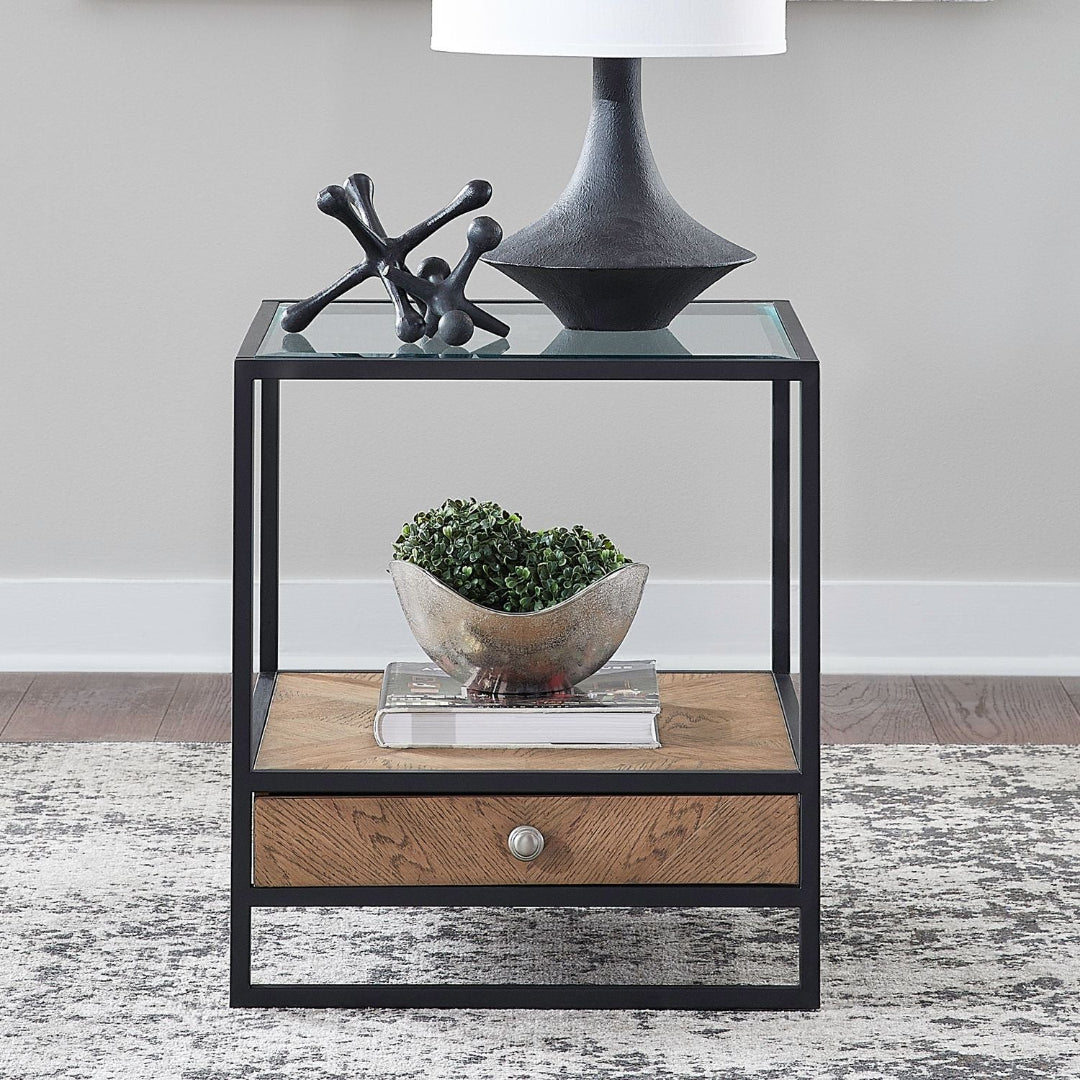 Bedford end table in black with glass top, angled view