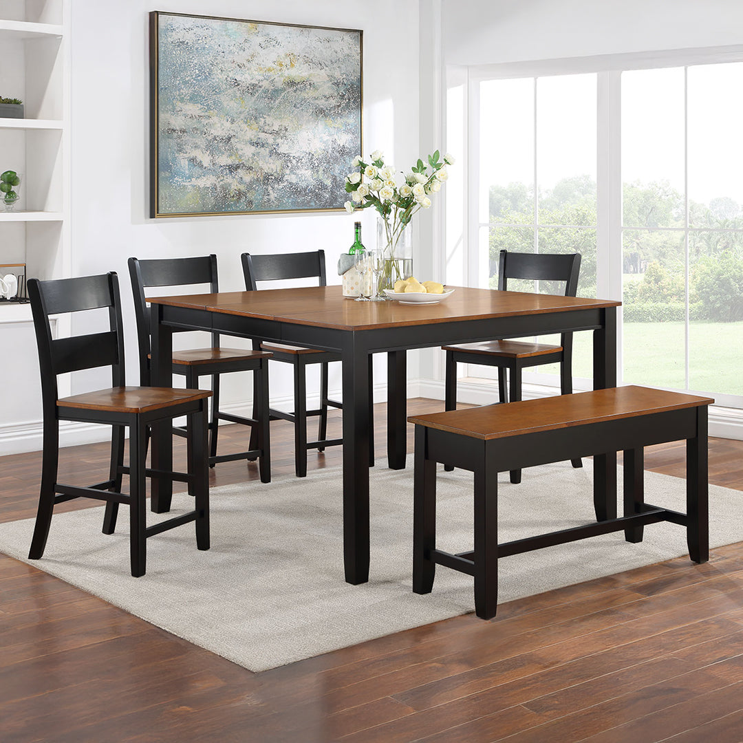 Drake Counter height dining set with two-tone table, ladder-back chairs, and bench styled in a dining room