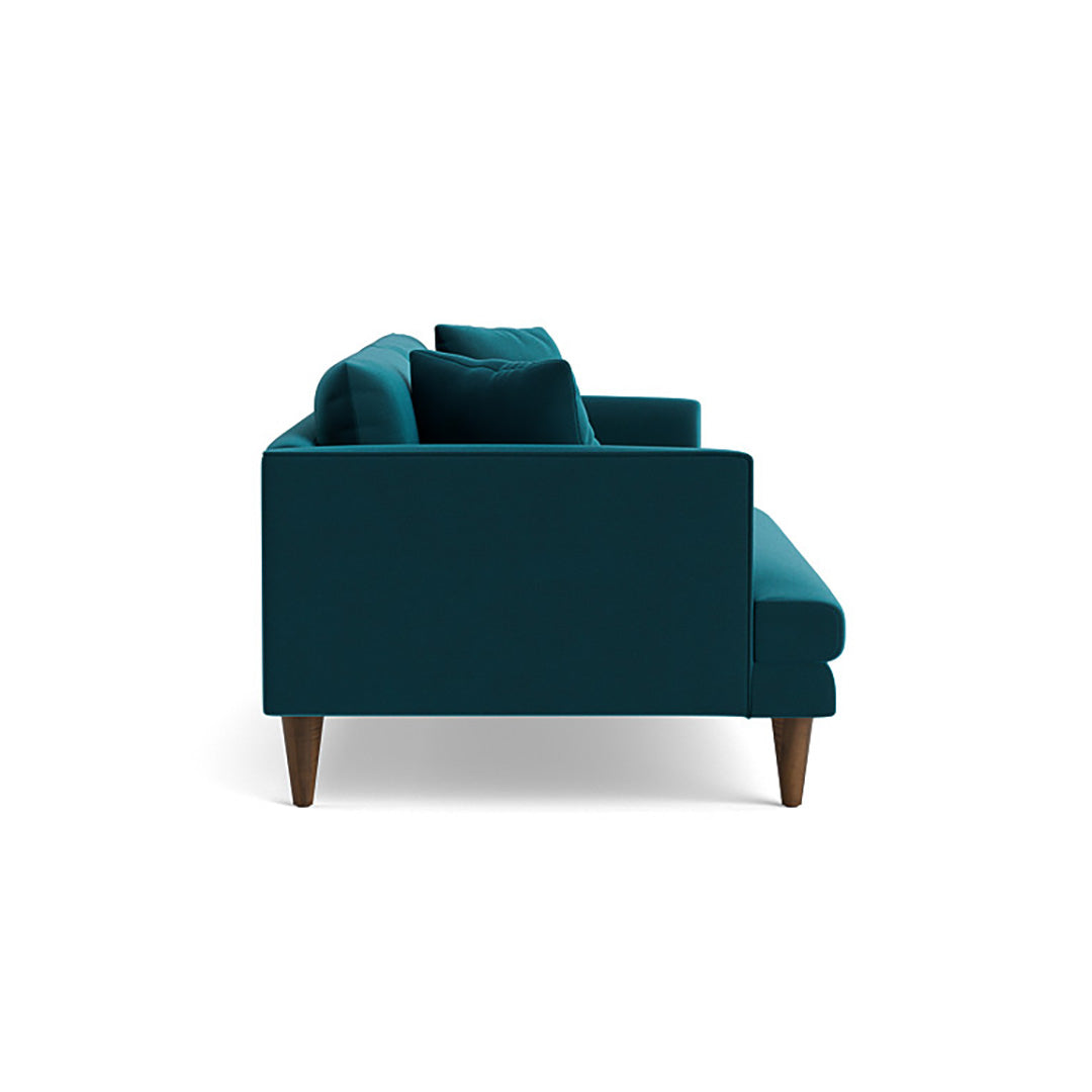 Joybird teal sofa with wooden legs