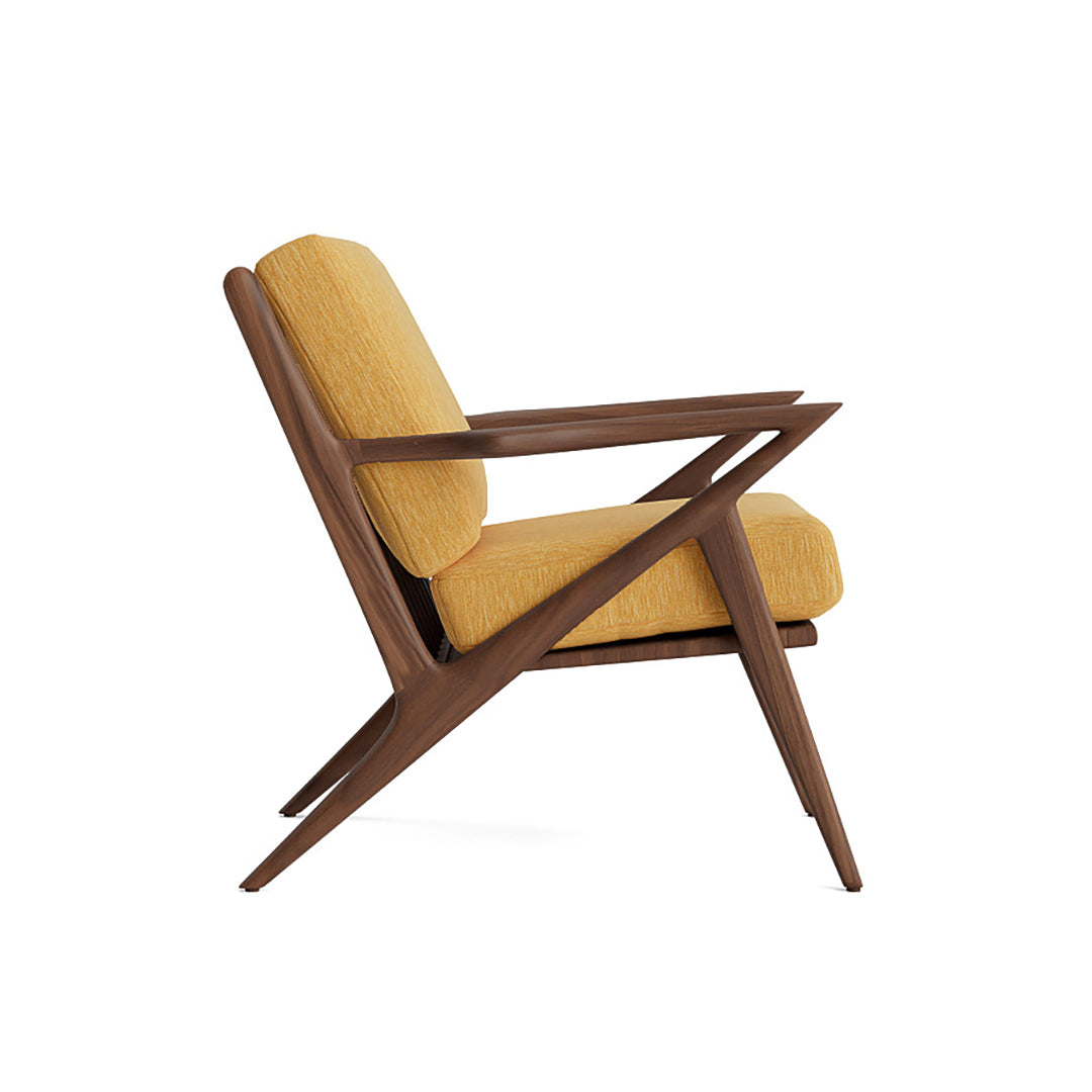 Joybird modern armchair with yellow cushion and wooden frame