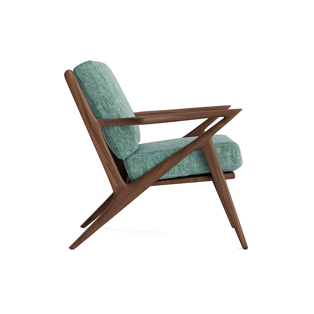 Joybird modern armchair with teal cushion and wooden frame