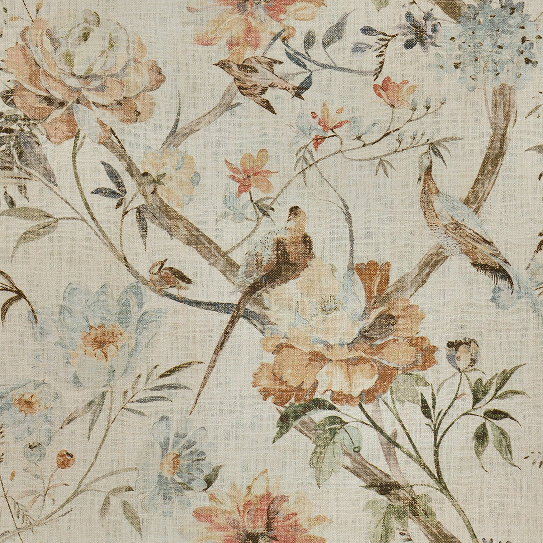 Floral and bird pattern on a textured fabric background