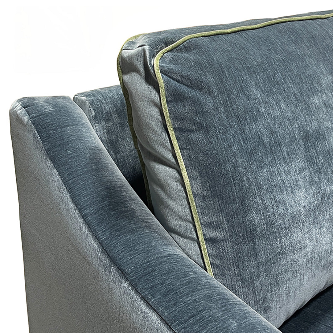 Adeline Power Reclining Sofa from Best Home Furnishings in Blue Velvet with Accent Pillows, Hardwood Frame, Made in USA - Reclined position