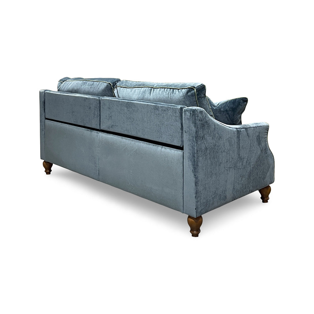 Adeline Power Reclining Sofa from Best Home Furnishings in Blue Velvet with Accent Pillows, Hardwood Frame, Made in USA - Reclined position