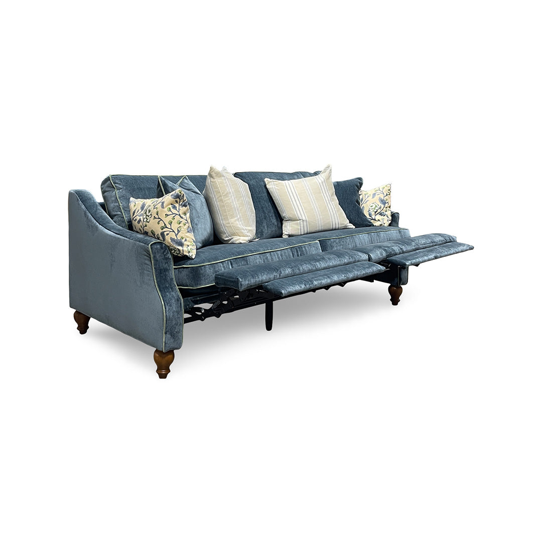 Adeline Power Reclining Sofa from Best Home Furnishings in Blue Velvet, Made in USA - Reclined position