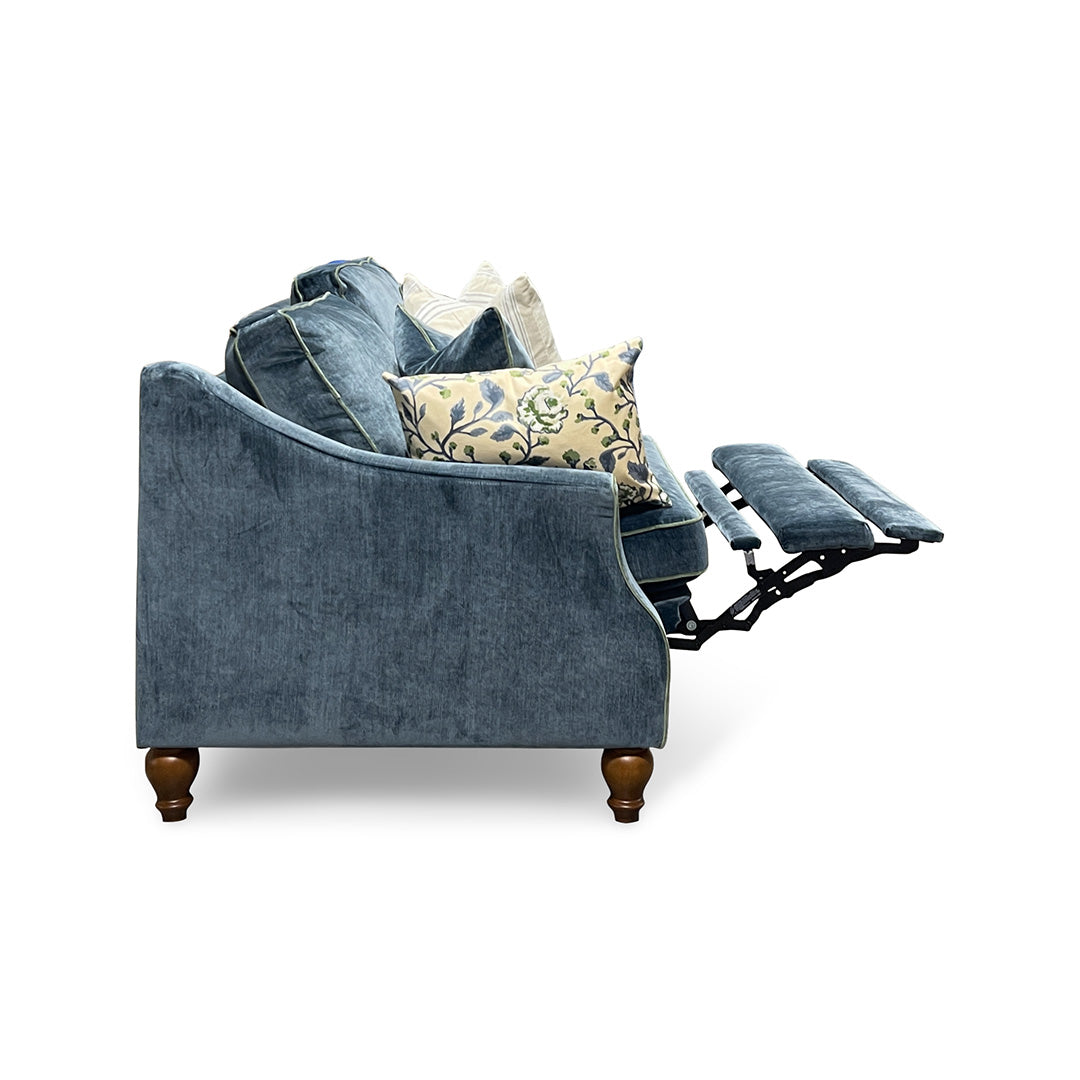Adeline Power Reclining Sofa from Best Home Furnishings in Blue Velvet with Accent Pillows, Hardwood Frame, Made in USA - Reclined position