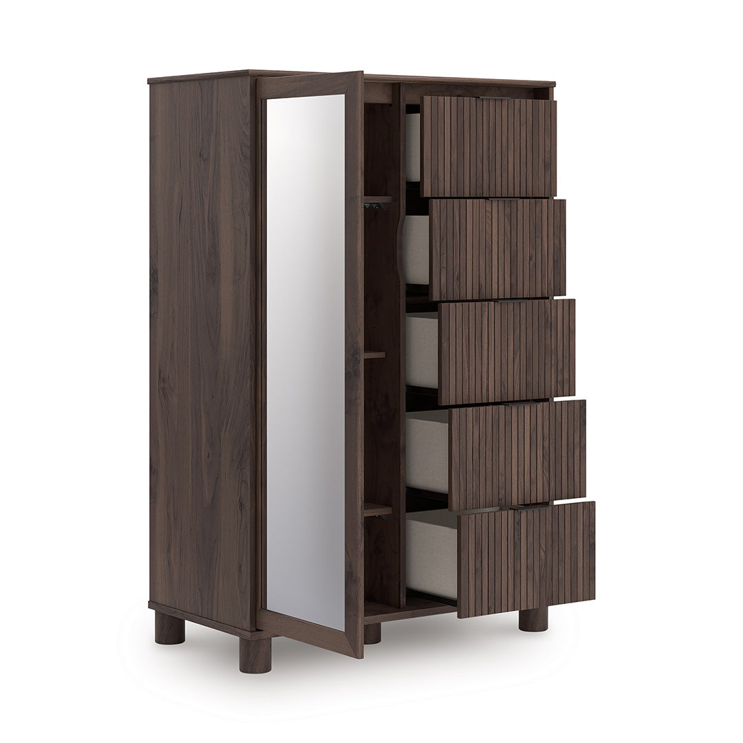 Wooden wardrobe with mirror and drawers on a white background