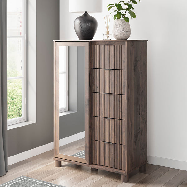 Wooden cabinet with mirror and decorative items in a room with a window.