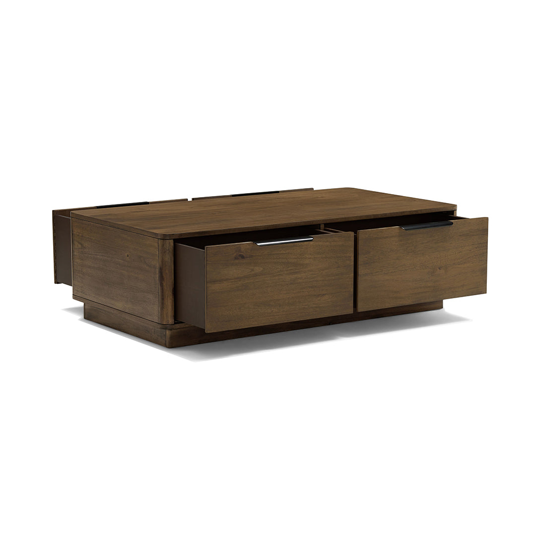 Joybird wooden coffee table with drawers.