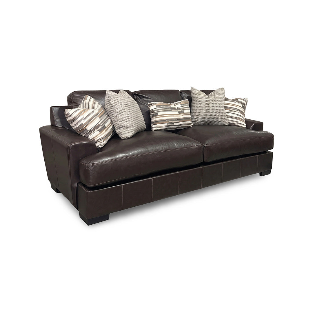 Bodie Leather Sofa from Michael Nicholas Designs in Brown with Accent Pillows, Hardwood Frame, Made in USA - Leather detail