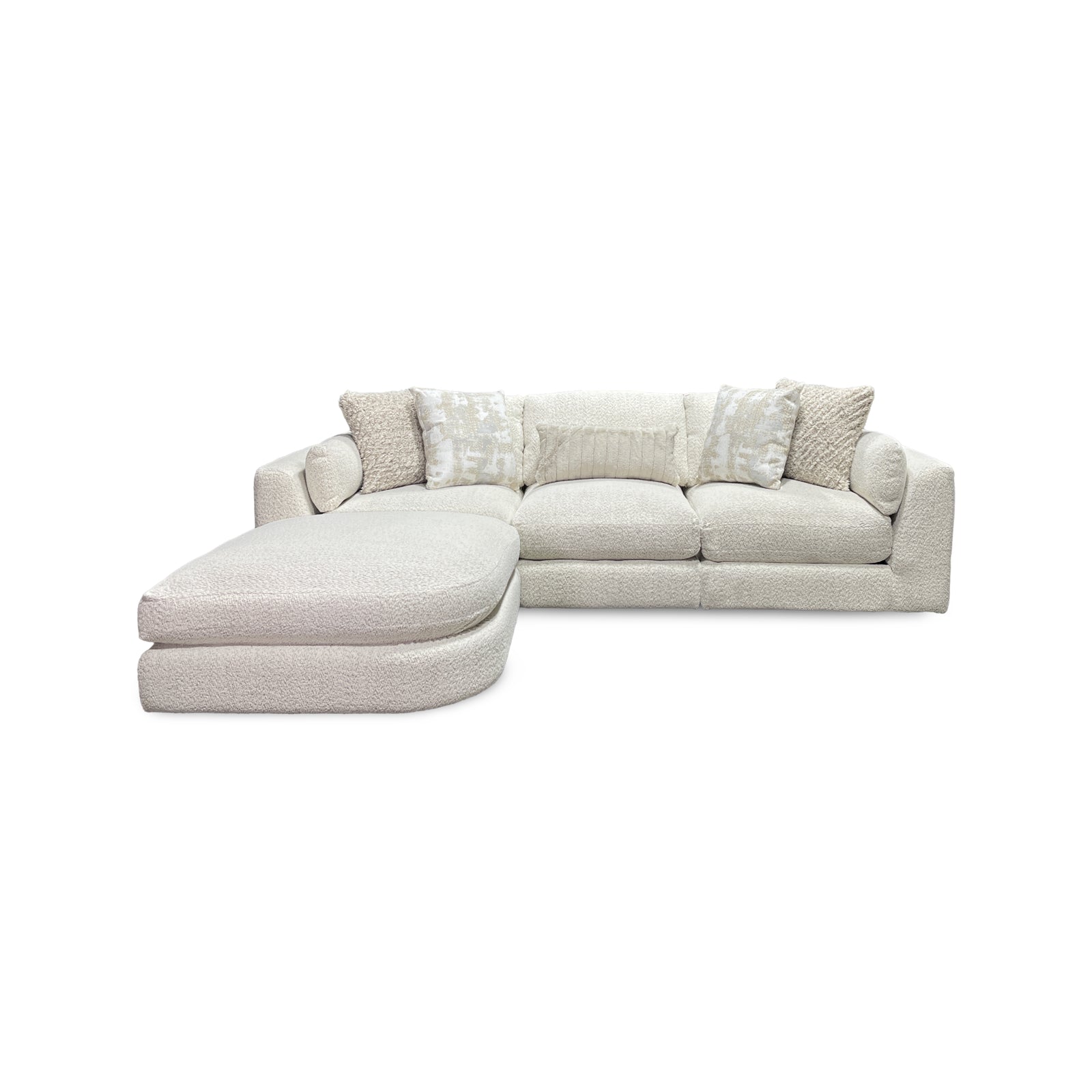 Bombay Sectional (4-Piece) from Franklin Corporation in Beige Bouclé with Accent Pillows, Reversible Cushions, Made in USA - Detail view
