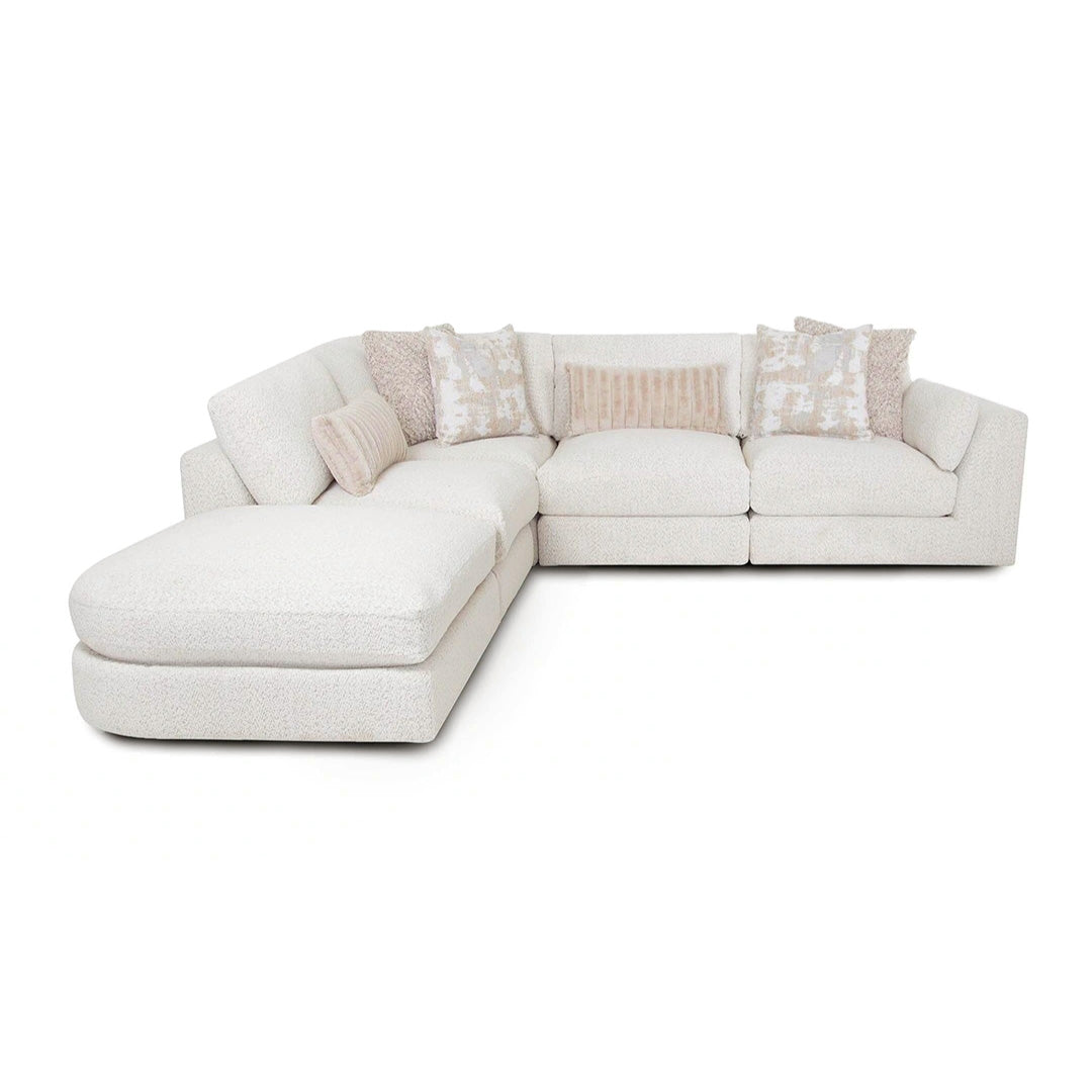 Bombay Sectional II (5-Piece) from Franklin Corporation in Beige Bouclé with Accent Pillows, Reversible Cushions, Made in USA - Side view