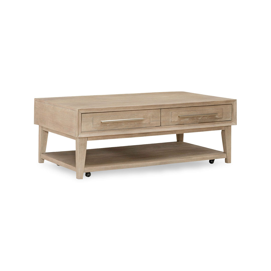 Brentwood cocktail table in sandstone finish with casters and white oak veneers, angled view, from Liberty Furniture